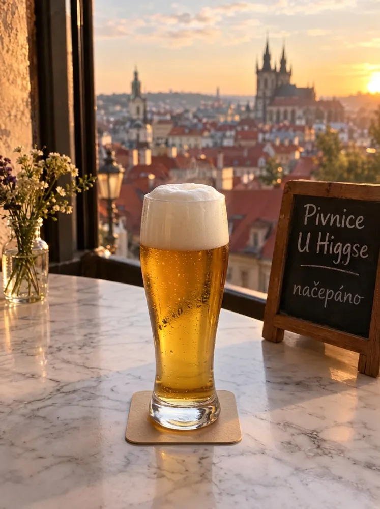 Cappuccino nahrazené pivem, cedulka Pivnice U Higgse